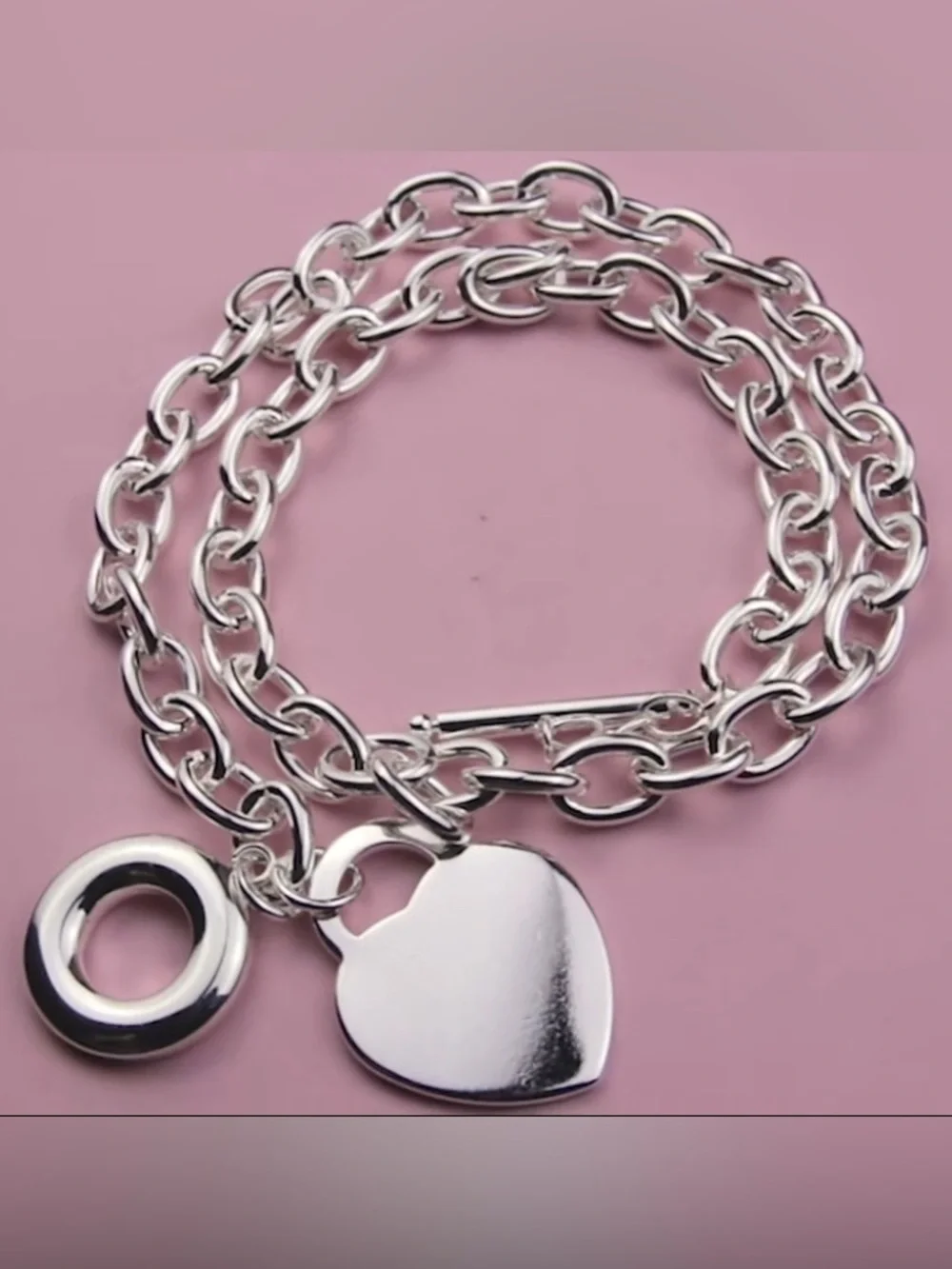 Silver Toggle Chain Necklace - Link Design Heart Charm!